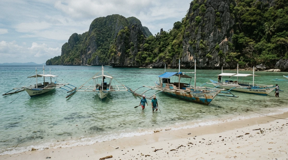 Bangka outrigger boats moored off a white sand beach where el nido island hopping tours board, Bacuit Bay, Palawan