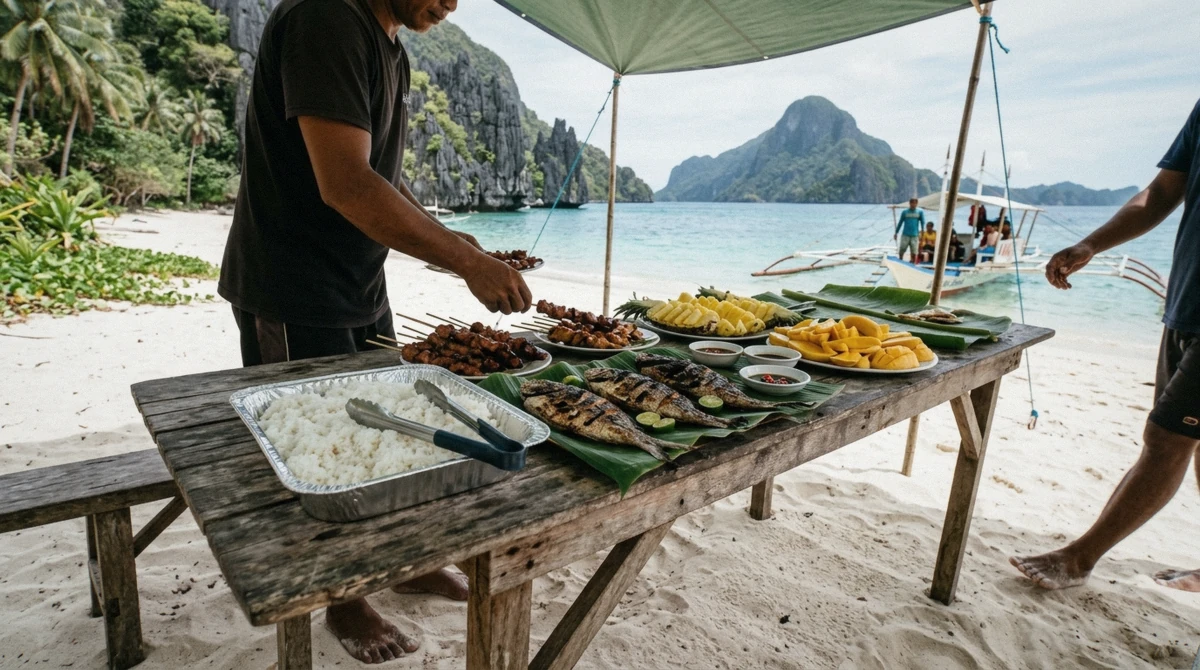 Beach buffet lunch of grilled fish and rice laid out by the crew during an el nido island hopping tour, Bacuit Bay, Palawan