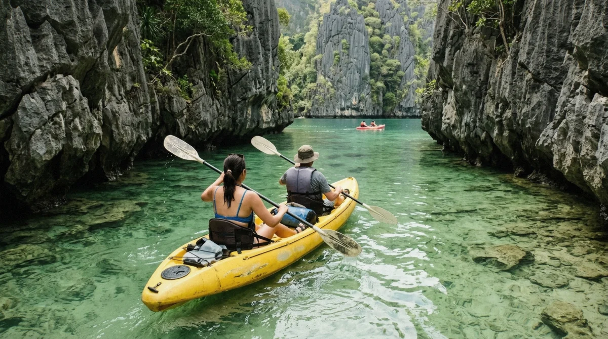 Kayakers paddling into the turquoise Big Lagoon between limestone cliffs on Tour A of the el nido island hopping tours, Bacuit Bay, Palawan