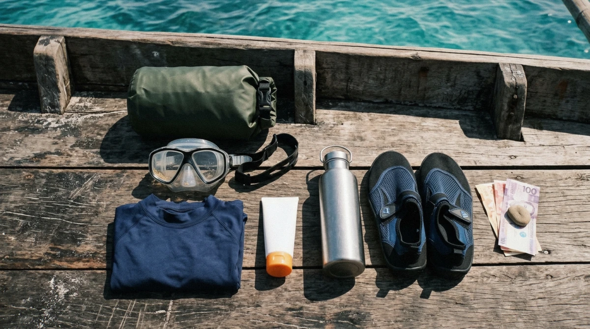 Dry bag, snorkel mask, rash guard and reef-safe sunscreen laid out on the deck of a bangka before an el nido island hopping tour, Palawan