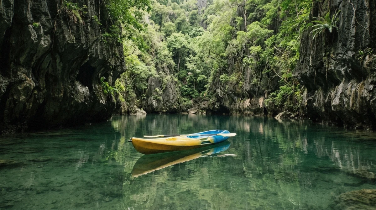 Kayak drifting inside the enclosed Small Lagoon under limestone walls, moved off Tour A of the el nido island hopping tours in 2018, Palawan