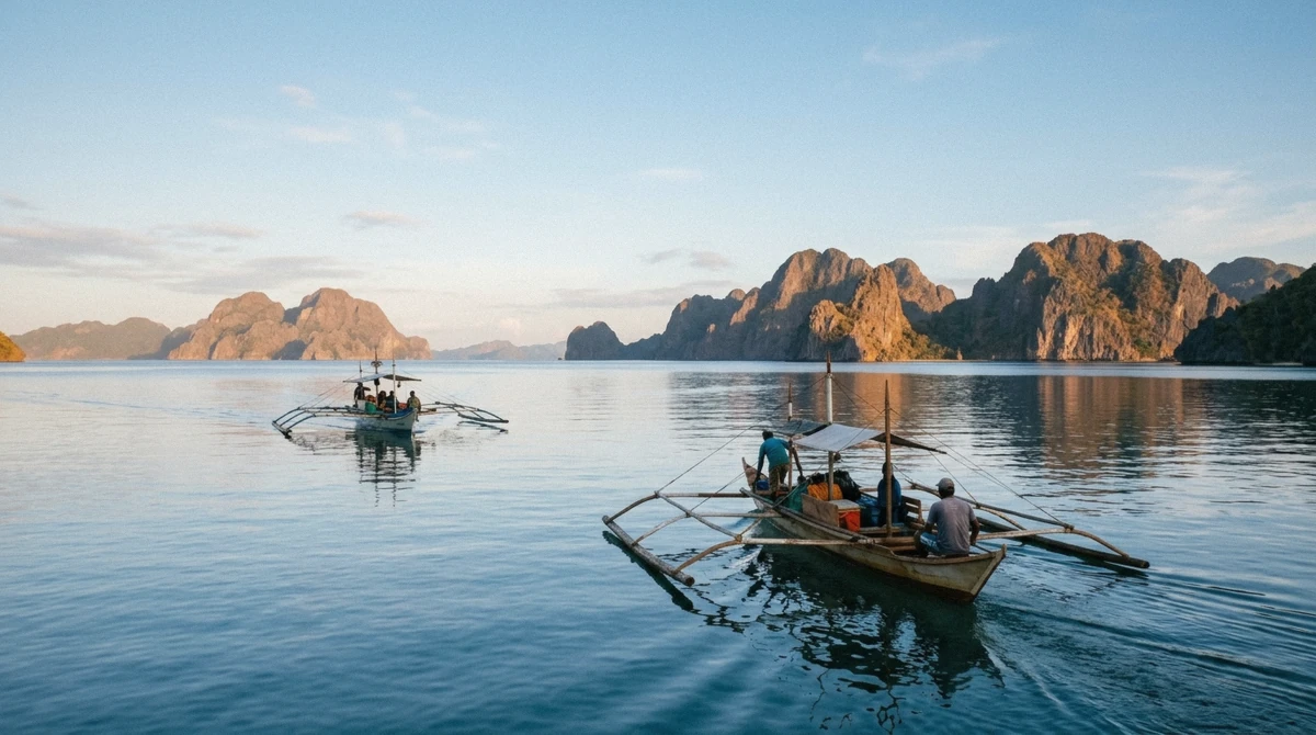 Outrigger boats setting out across flat blue water on a clear dry-season morning for the el nido island hopping tours, Bacuit Bay, Palawan