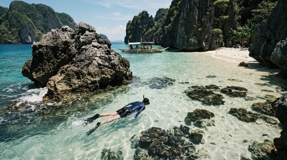 Snorkeller swimming toward a cliff-ringed beach in flat dry-season water on an el nido island hopping tour, Bacuit Bay, Palawan